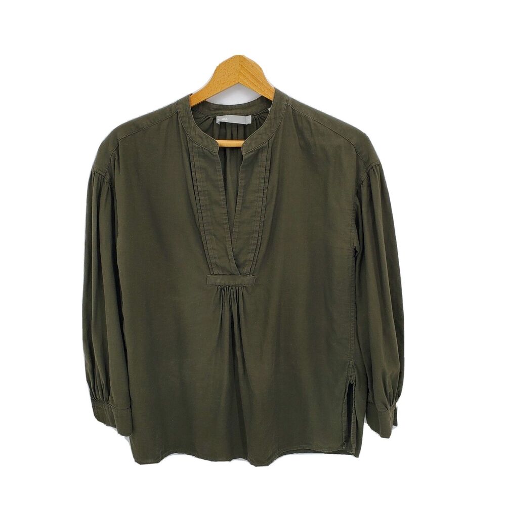Vince Womens Shirred Cotton Blouse Top Dark Green Size XS